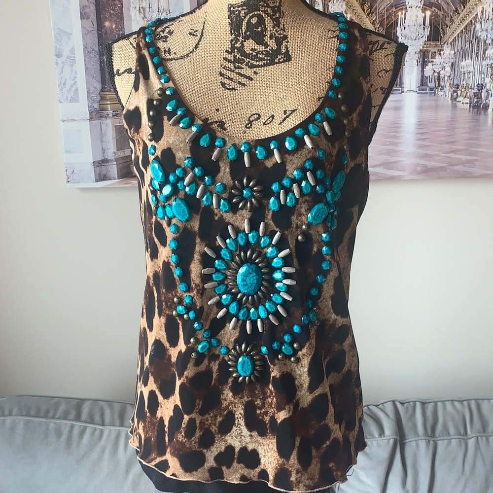 Boston Proper Leopard Print Tank with Blue Beads